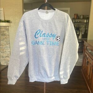 Soccer mom Gray and Blue Crew Neck Sweatshirt